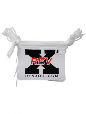 Coated paper pennant banner for revx oil