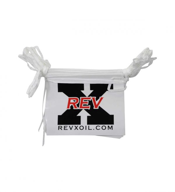 Coated paper pennant banner for revx oil